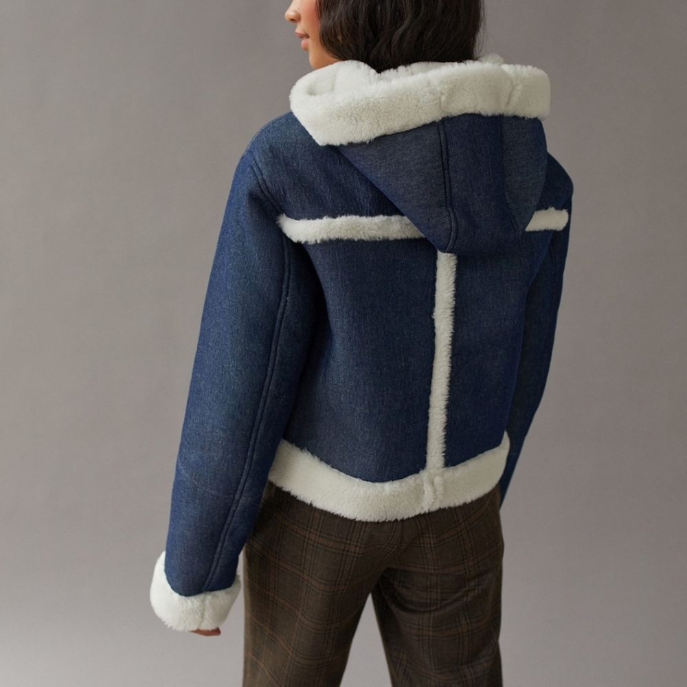 Urban Outfitters Roselyn Faux Shearling Denim Jacket New Size XS - Picture 3 of 11